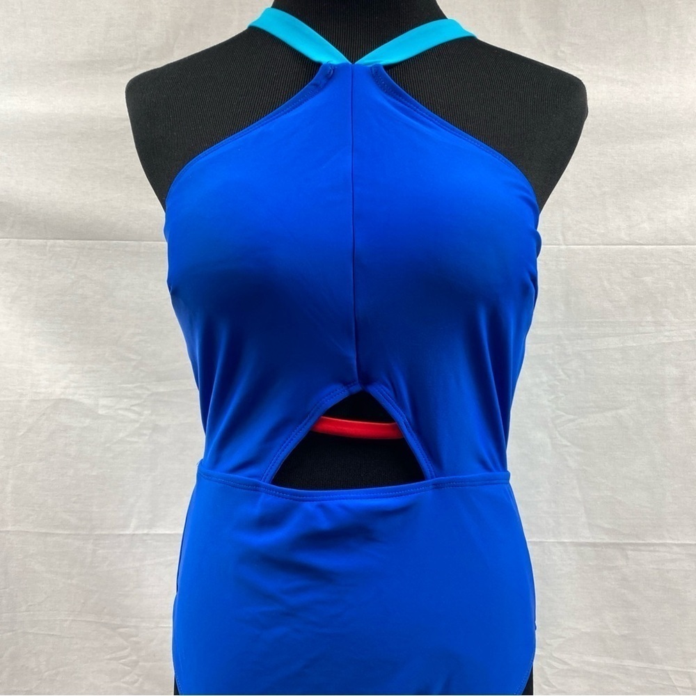 Juicy Couture Swimsuit 1 Piece High Neck Contrasting Binding JCPOP 442 Med Blue - Picture 2 of 11
